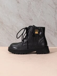 Girls Bow Decor Lace-up Front Zipper Side Combat Boots - Black - View 6