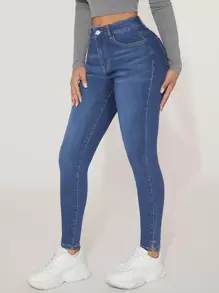 SHEIN PETITE High Waist Skinny Jeans - Medium Wash - View 1