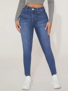 SHEIN PETITE High Waist Skinny Jeans - Medium Wash - View 3