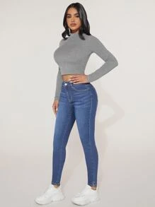 SHEIN PETITE High Waist Skinny Jeans - Medium Wash - View 4