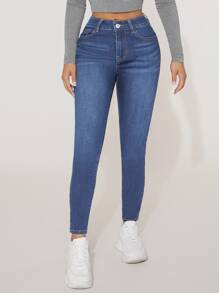SHEIN PETITE High Waist Skinny Jeans - Medium Wash - View 5