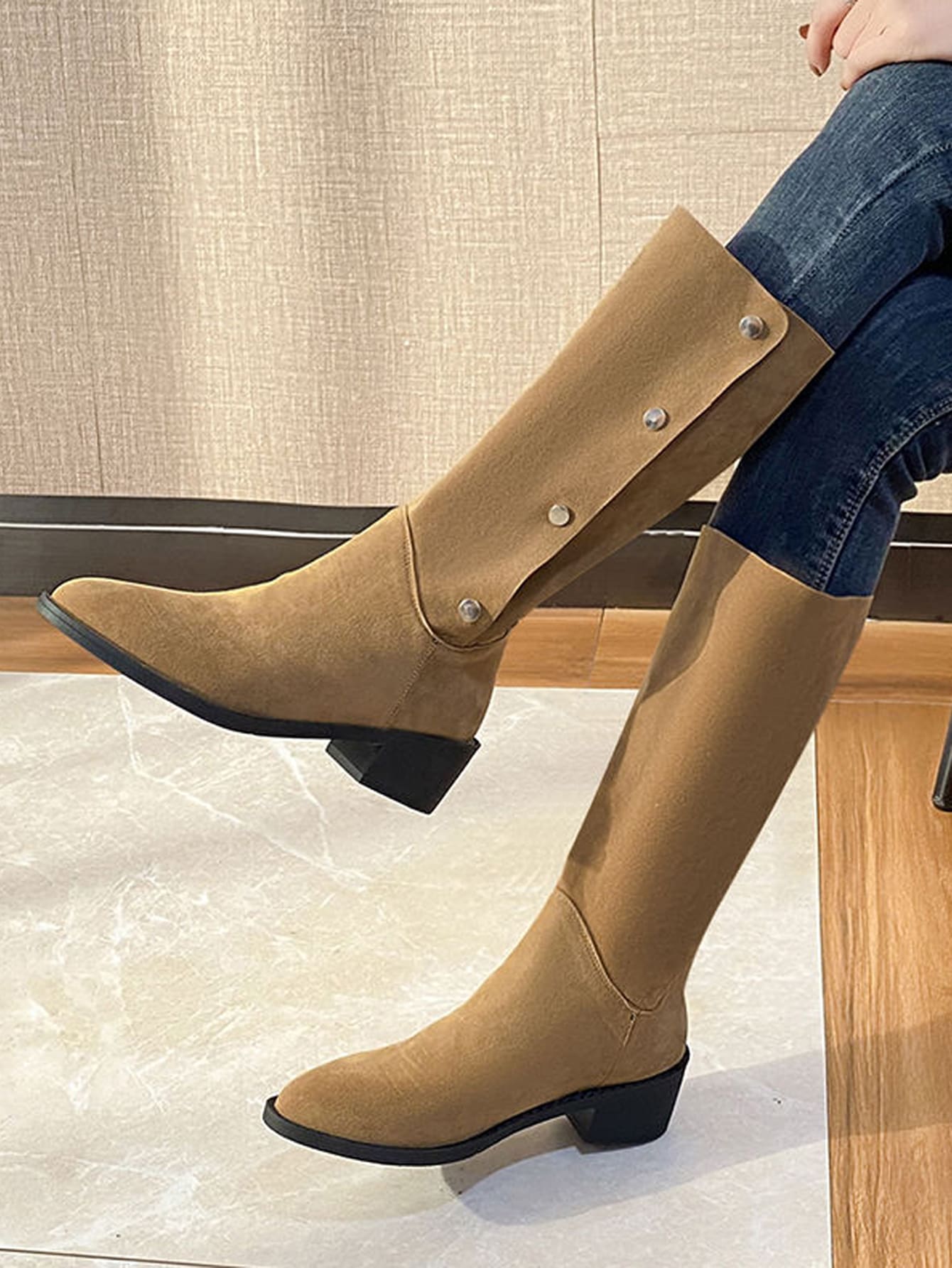 Studded Decor Faux Suede Boots - Brown - View 1