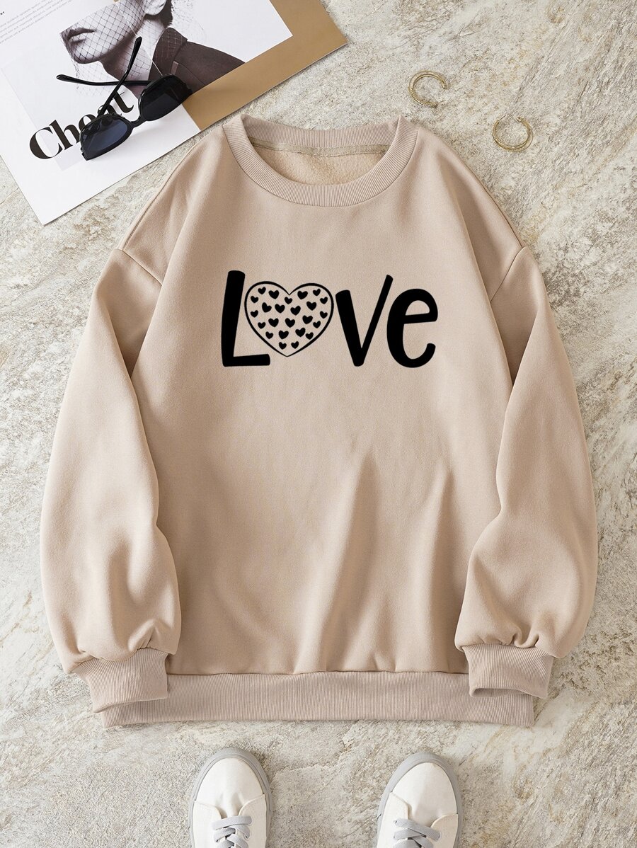 SHEIN EZwear Plus Letter & Heart Print Thermal Pullover - Apricot - View 1