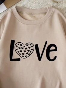 SHEIN EZwear Plus Letter & Heart Print Thermal Pullover - Apricot - View 3