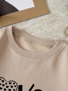 SHEIN EZwear Plus Letter & Heart Print Thermal Pullover - Apricot - View 4