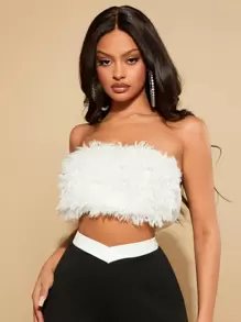 SHEIN SXY 素色毛茸茸短款抹胸上衣 - 白色 - 查看 1