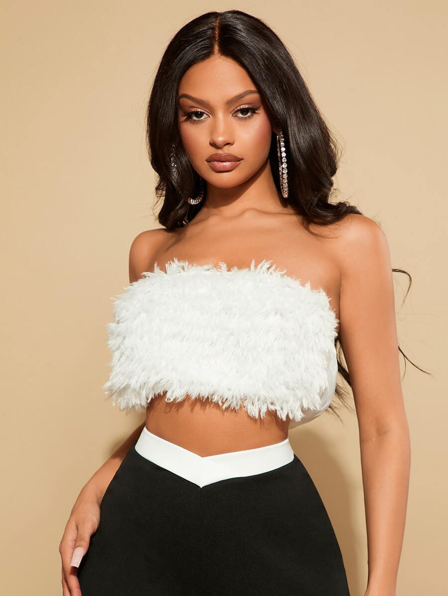 SHEIN SXY 素色毛茸茸短款抹胸上衣 - 白色 - 查看 1