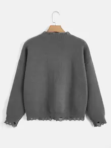 ROMWE Goth Skull Pattern Drop Shoulder Distressed Sweater - Grey - View 2