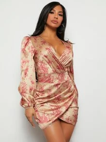 SHEIN SXY Floral Print Lantern Sleeve Wrap Dress - Multicolor - View 1