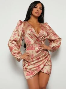 SHEIN SXY Floral Print Lantern Sleeve Wrap Dress - Multicolor - View 5