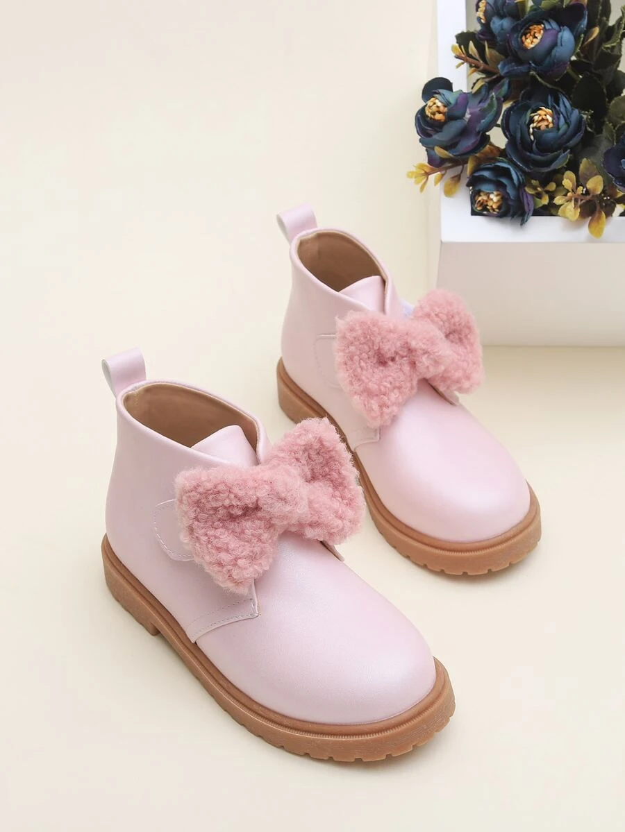 Girls Bow Decor Combat Boots - Baby Pink - View 1