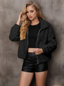 Abrigo de hombros caídos con aro O cremallera de peluche - Negro - Ver 1