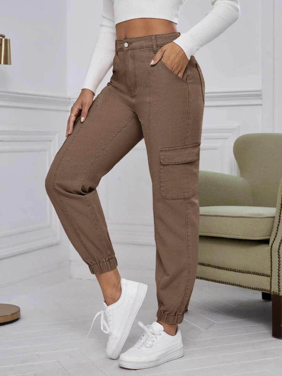 SHEIN EZwear 翻蓋口袋工裝牛仔褲 - 咖啡棕 - 查看 1