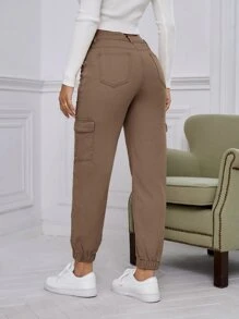 SHEIN EZwear 翻蓋口袋工裝牛仔褲 - 咖啡棕 - 查看 2