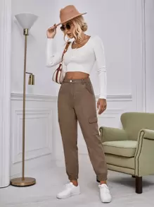 SHEIN EZwear 翻蓋口袋工裝牛仔褲 - 咖啡棕 - 查看 3