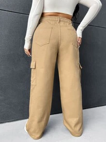SHEIN EZwear Plus High Waist Flap Pocket Cargo Jeans - Khaki - View 2