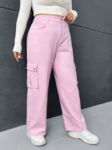 SHEIN EZwear Plus Flap Pocket Cargo Jeans - Baby Pink - View 4