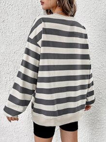 SHEIN EZwear Áo nỉ trễ vai in họa tiết sọc, áo dài tay cho mùa thu/đông - Nhiều màu - Xem 2