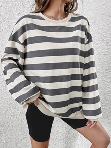 SHEIN EZwear Áo nỉ trễ vai in họa tiết sọc, áo dài tay cho mùa thu/đông - Nhiều màu - Xem 4