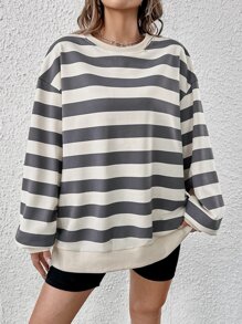 SHEIN EZwear Áo nỉ trễ vai in họa tiết sọc, áo dài tay cho mùa thu/đông - Nhiều màu - Xem 5