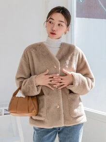 DAZY Dual Pocket Drop Shoulder Teddy Coat - Khaki - View 8