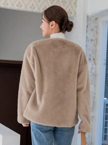 DAZY Dual Pocket Drop Shoulder Teddy Coat - Khaki - View 2