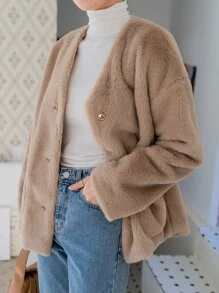 DAZY Dual Pocket Drop Shoulder Teddy Coat - Khaki - View 9