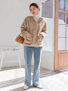 DAZY Dual Pocket Drop Shoulder Teddy Coat - Khaki - View 10