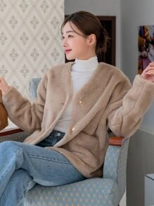 DAZY Dual Pocket Drop Shoulder Teddy Coat - Khaki - View 13