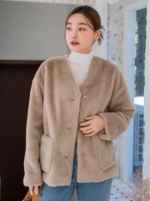 DAZY Dual Pocket Drop Shoulder Teddy Coat - Khaki - View 12