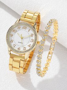 1 件女式手表合金表带配水钻装饰石英表和 1 件水钻合金手链 - 金色 - 查看 1