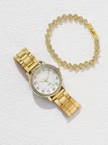 1 件女式手表合金表带配水钻装饰石英表和 1 件水钻合金手链 - 金色 - 查看 2