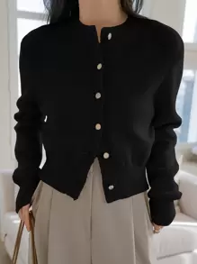 Dazy-Less Solid Button Front Cardigan,Long Sleeve Tops Old Money Style Business Casual Women,Fall Clothes - Black - View 3