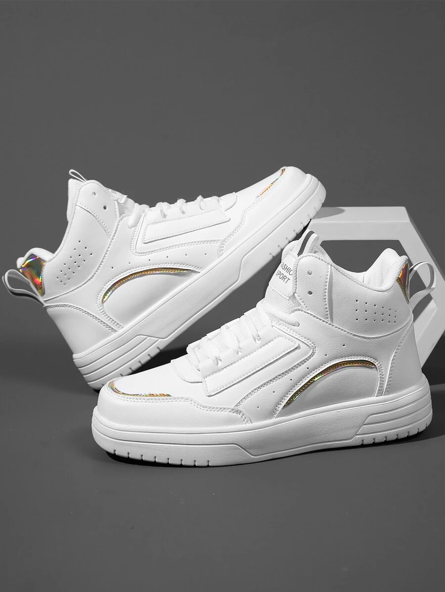 Letter Patch Decor Lace-up Front High Top Skate Shoes - White - View 1