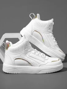 Letter Patch Decor Lace-up Front High Top Skate Shoes - White - View 5