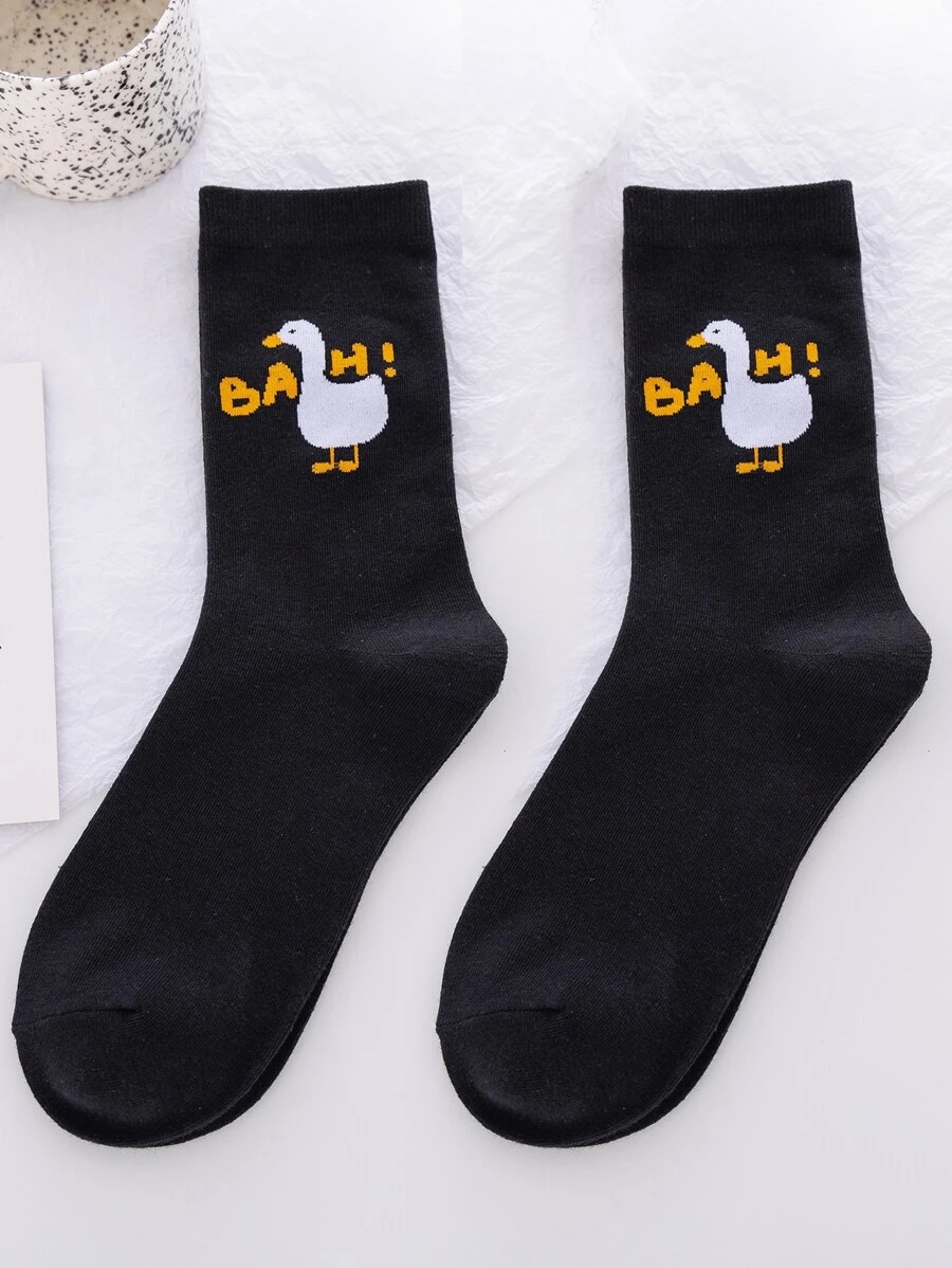 Hombres Calcetines de tripulación con estampado de dibujos animados - Negro - Ver 1