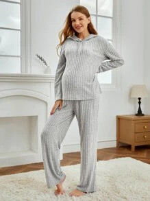 SHEIN 孕婦落肩袖連帽T恤和可調節腰圍長褲休閒服套裝 - 淺灰色 - 查看 1