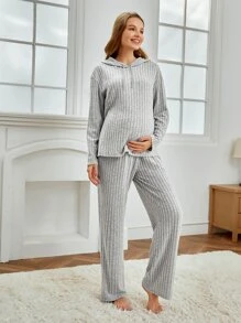 SHEIN 孕婦落肩袖連帽T恤和可調節腰圍長褲休閒服套裝 - 淺灰色 - 查看 7