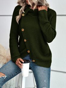 SHEIN LUNE Cowl Neck Button Detail Raglan Sleeve Jumper - Army Green - View 1