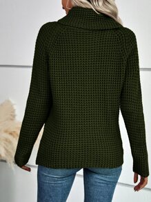 SHEIN LUNE Cowl Neck Button Detail Raglan Sleeve Jumper - Army Green - View 2