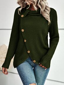SHEIN LUNE Cowl Neck Button Detail Raglan Sleeve Jumper - Army Green - View 3