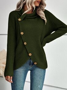 SHEIN LUNE Cowl Neck Button Detail Raglan Sleeve Jumper - Army Green - View 4