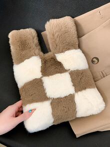 格紋圖案毛茸茸方包 - 彩色 - 查看 4