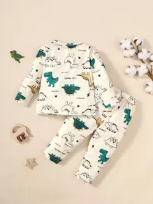 男嬰卡通和字母圖案T恤和褲子 - 杏色 - 查看 2