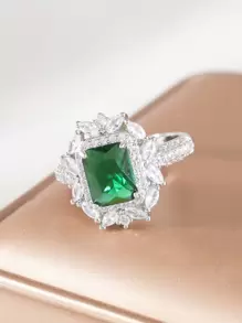 1枚奢华方形绿色锆石结婚戒指，女士优雅款式，适合日常佩戴和特殊场合，特殊活动珠宝（不含包装盒） - 綠色 - 查看 4
