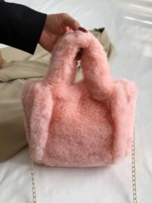 Túi đeo chéo Nữ POM Pom màu trơn Chuỗi Đôi tay cầm Đúng mốt - Hồng - Xem 6