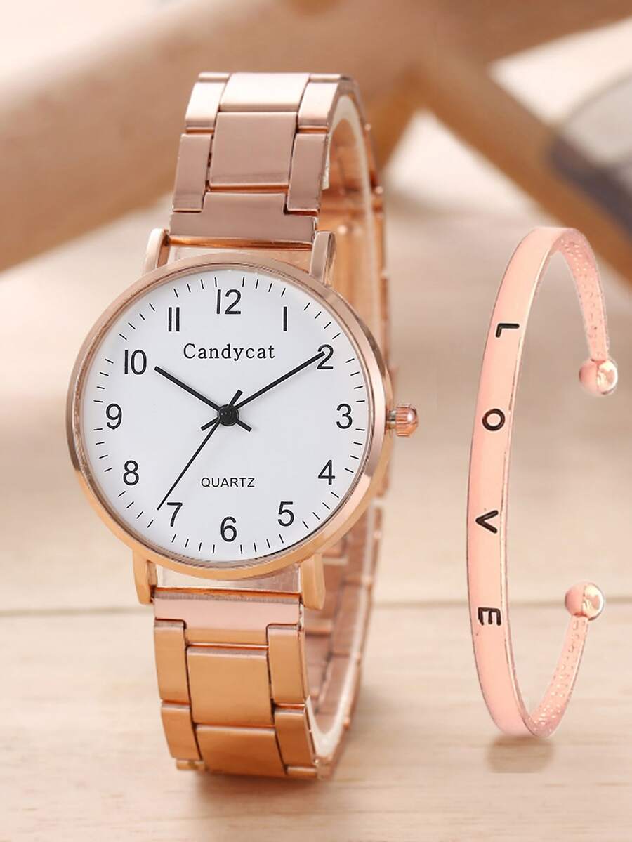 1pc Minimalist Quartz Watch & 1pc Bracelet - Rose Gold - View 1