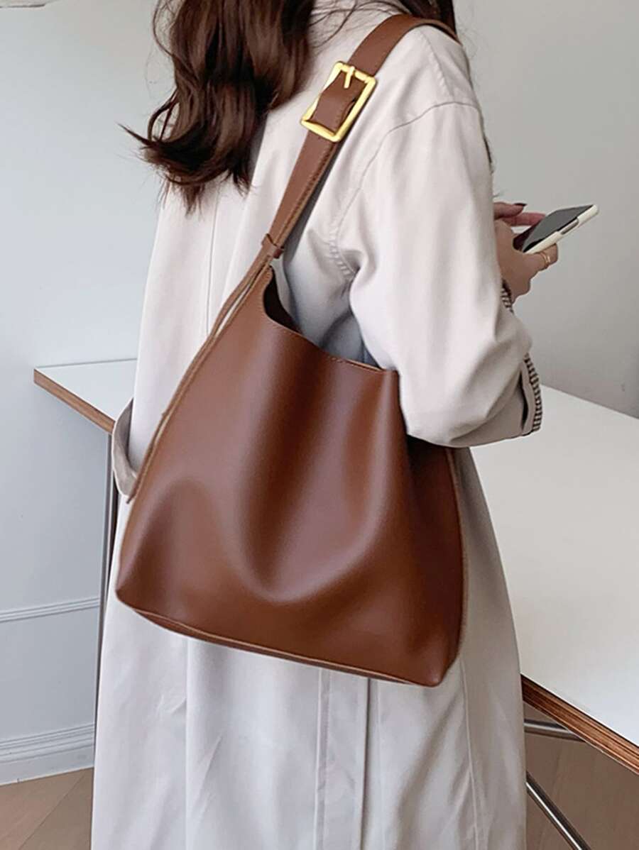 Buckle Decor Hobo Bag - Brown - View 1