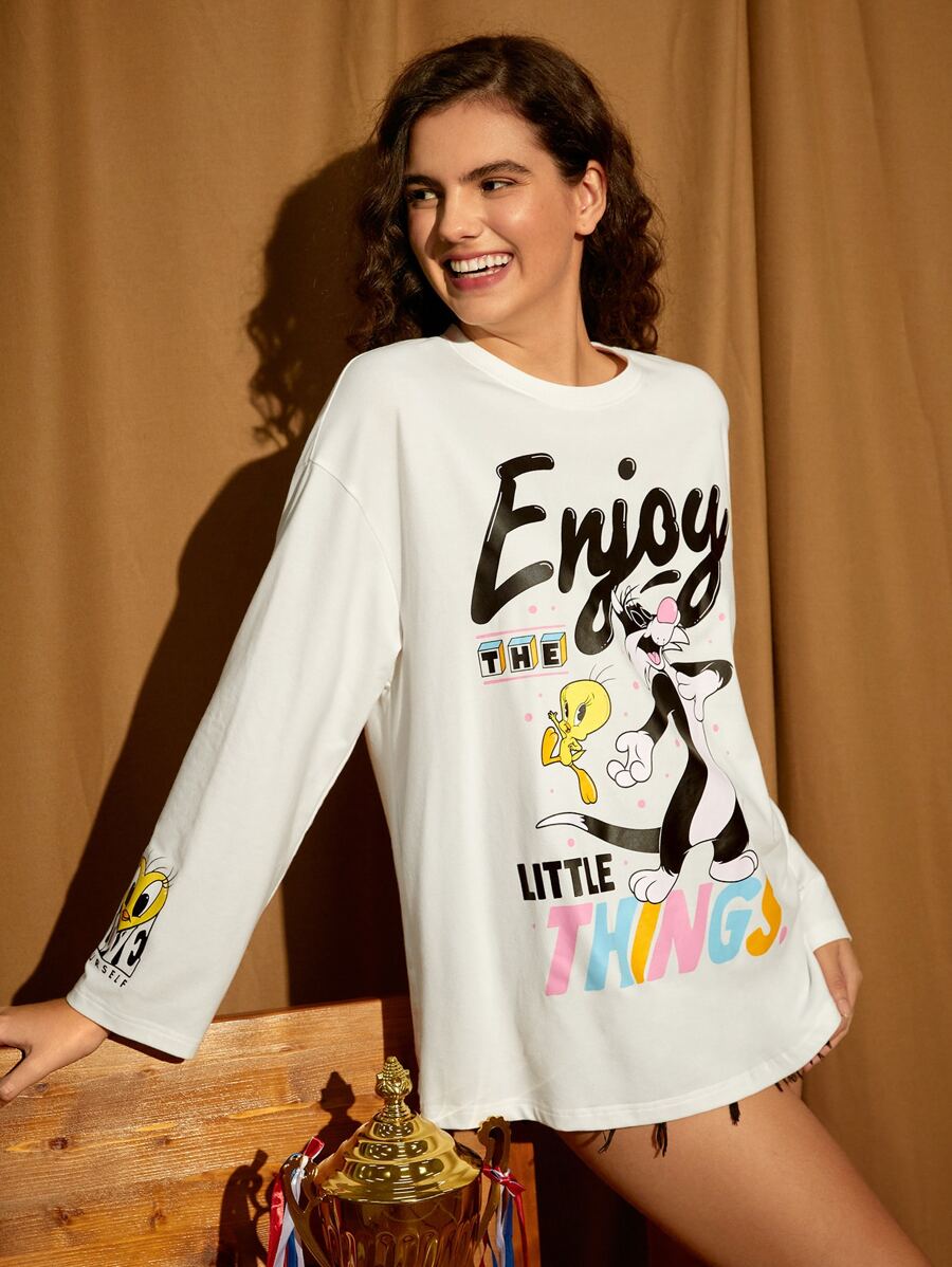 LOONEY TUNES X SHEIN Cartoon & Letter Graphic Drop Shoulder Tee - White - View 1