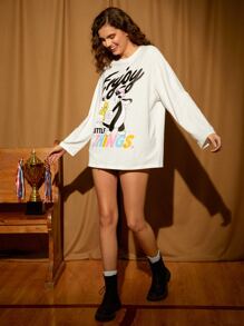LOONEY TUNES X SHEIN Cartoon & Letter Graphic Drop Shoulder Tee - White - View 3